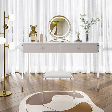 Minimalist Acrylic Floating Makeup Vanity Set with LED Lighted Standing Mirror & Stool